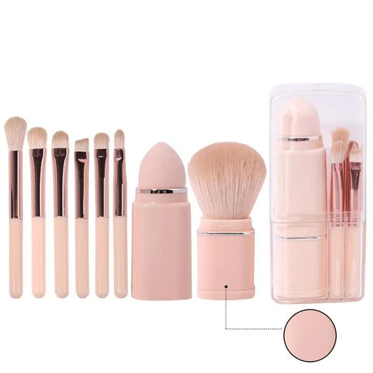 NNEDSZ Pink 8-in-1 Retractable Mini Makeup Brush Set with Protective Cover - Compact Design for Travel and On-the-Go Touchups-0