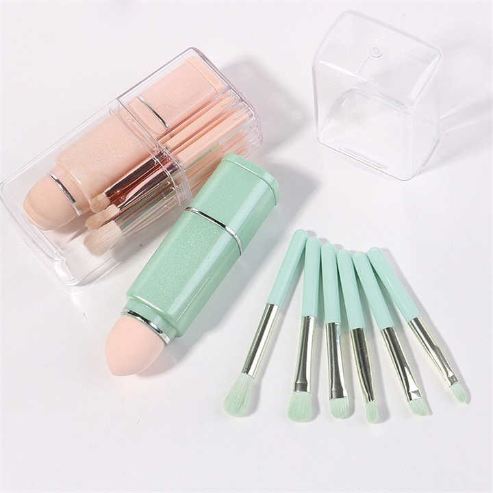 NNEDSZ Pink 8-in-1 Retractable Mini Makeup Brush Set with Protective Cover - Compact Design for Travel and On-the-Go Touchups-1